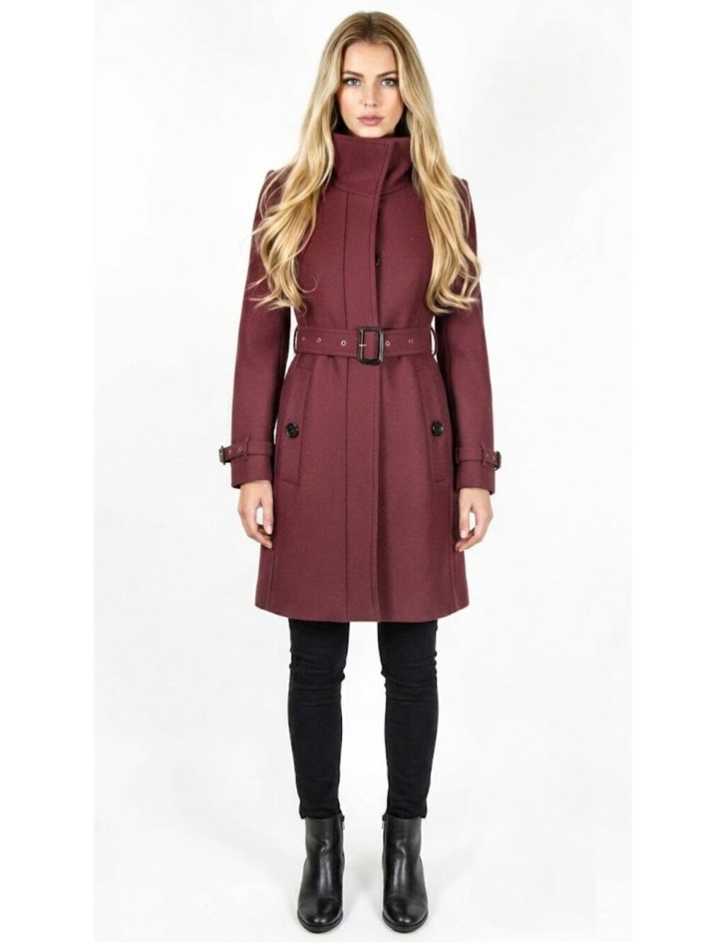 Burberry Technical Wool Cashmere Funnel Neck Coat, Burgundy, Size 0 US, 2 UK